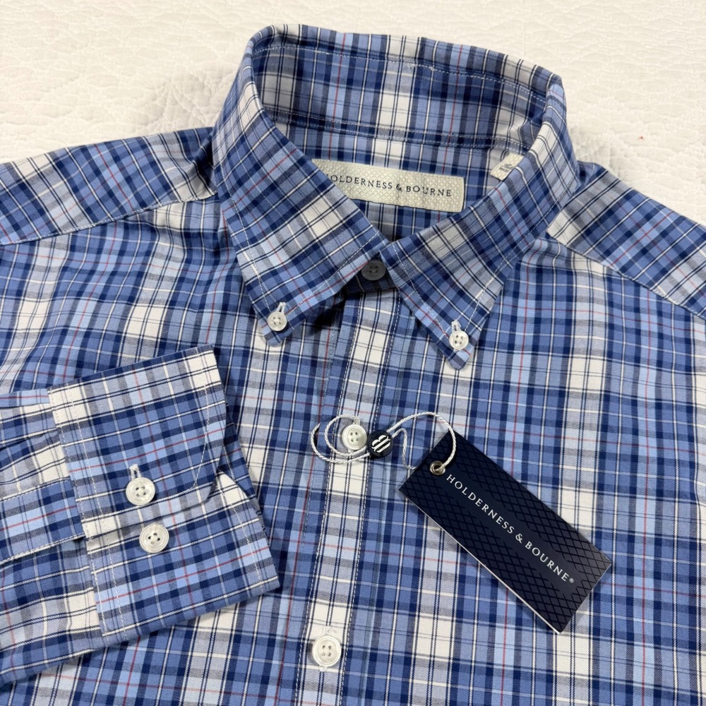 Holderness & Bourne The Andrews Shirt Blue Plaid Button Down Tailored Fit Mens M